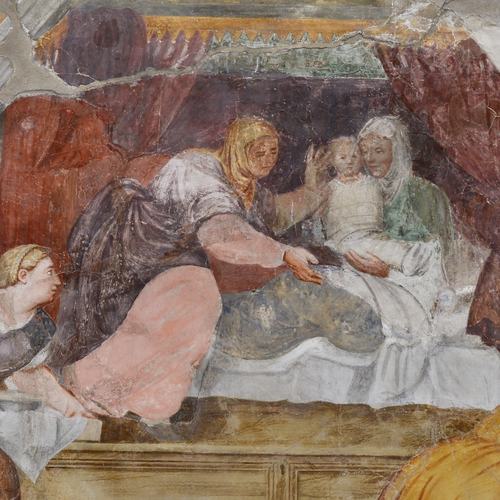 Chiesa di Santa Maria Maggiore, affreschi delle pareti, Nascita della Vergine, Pomponio Amalteo, 1533-1546, Lestans
