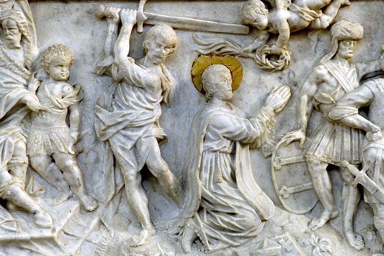 Pieve di Sant'Andrea, altare del Sacro Cuore, paliotto, Giovanni Battista Cucchiaro, Martirio di San Valentino,Pozzuolo