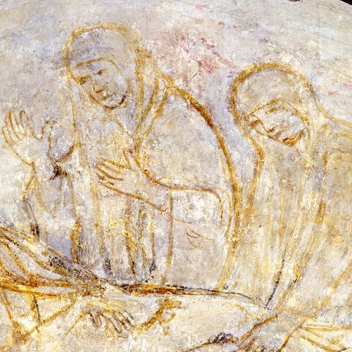 Sinopia della deposizione di Cristo nel sepolcro (part.), sec. XV. Chiesa di Santa Maria già a Bevazzana