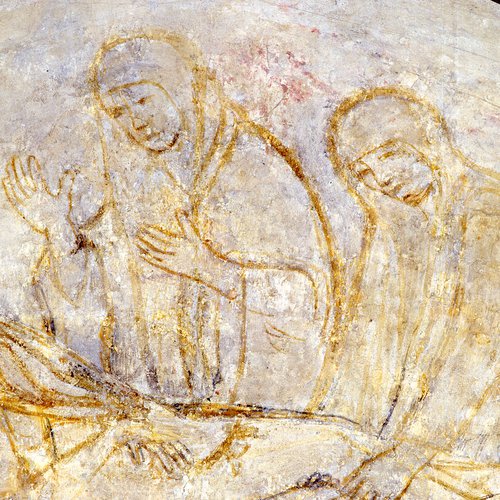 Sinopia della deposizione di Cristo nel sepolcro (part.), sec. XV. Chiesa di Santa Maria già a Bevazzana