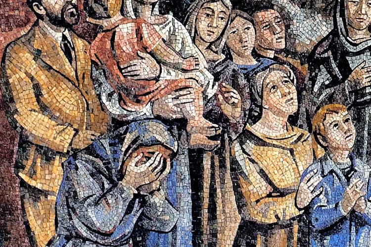 Fred Pittino (cartone) - Scuola mosaicisti del Friuli (esecuzione), La Prigionia, L'attesa delle famiglie, Il ritorno del soldato, 1962, mosaico