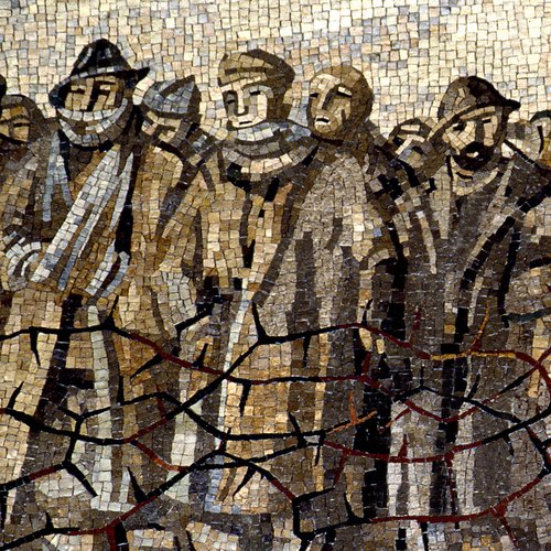 Fred Pittino (cartone) - Scuola mosaicisti del Friuli (esecuzione), La Prigionia, L'attesa delle famiglie, Il ritorno del soldato, 1962, mosaico, particolare