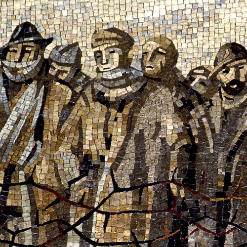 Fred Pittino (cartone) - Scuola mosaicisti del Friuli (esecuzione), La Prigionia, L'attesa delle famiglie, Il ritorno del soldato, 1962, mosaico, particolare