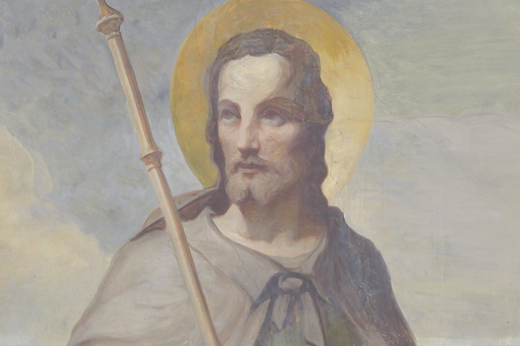 G. Moro, San Rocco, 1939, dipinto murale, sullo sfondo dietro il cane, nel particolare la chiesetta di Voltois, distrutta dal terremoto del 1976.
