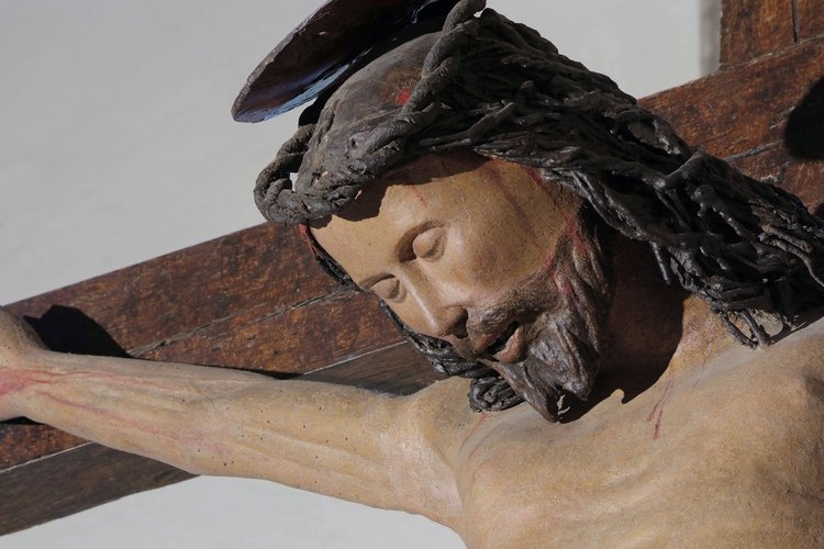 Duomo di Spilimbergo, cappella di sinistra, crocifisso ligneo, particolare, 1545 (?)