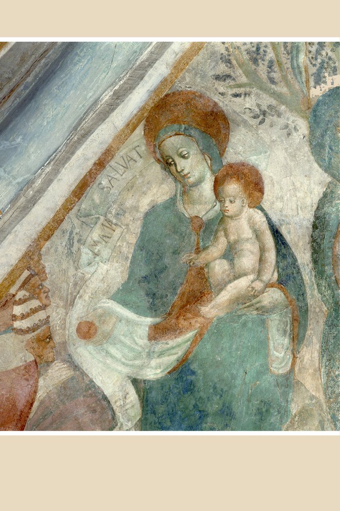 Madonna con Bambino in atto di offrire il frutto della redenzione a Pontefice e devoti, sec. XV. Chiesa di Santa Maria, già a Bevazzana