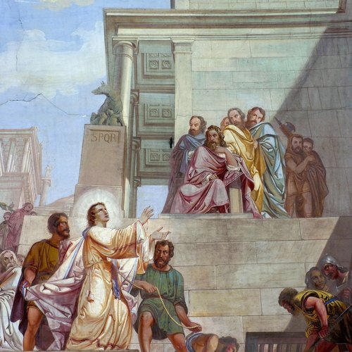 Rocco Pittaco, San Lorenzo, particolare della scena centrale, Soffitto della navata, veduta d'insieme, 1862