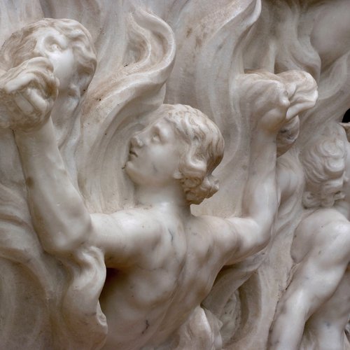 G. Torretti, Altare della Madonna del Carmelo tra angeli in volo e le anime del Purgatorio sottostanti, gruppo scultoreo in  marmi policromi, sec. XVIII