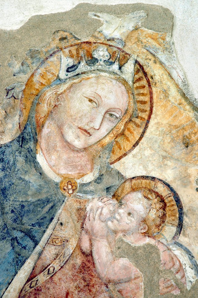 Allievo di Vitale da Bologna, Madonna col Bambino (particolare), ora a San Giacomo