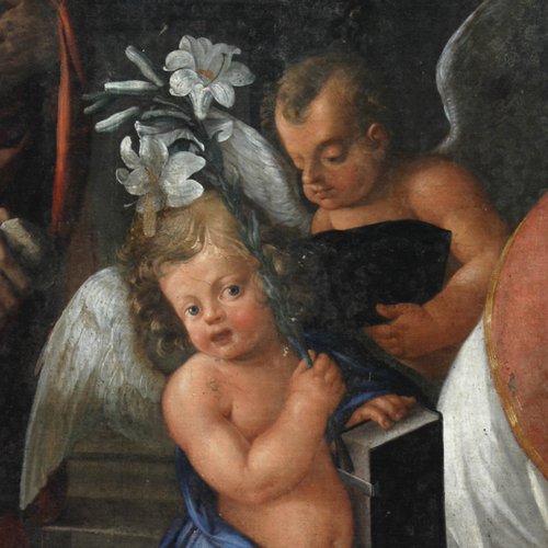 Giuseppe Giovanni Cosattini, San Filippo Neri tra i santi Francesco e Girolamo, particolare, pieve di San Lorenzo in Monte di Buja