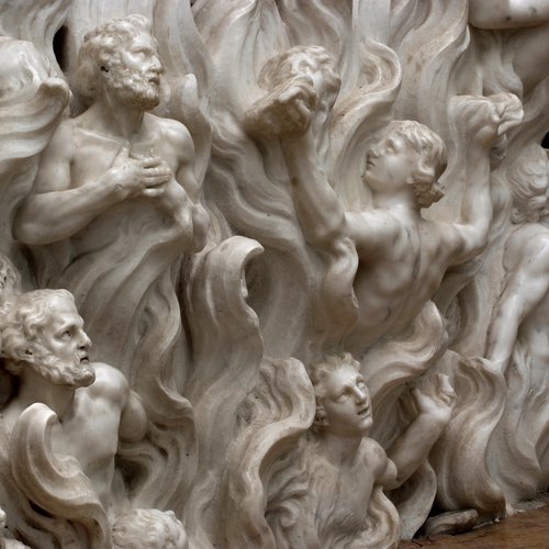 G. Torretti, Altare della Madonna del Carmelo, particolare del basamento con le anime del Purgatorio, marmo, sec. XVIII