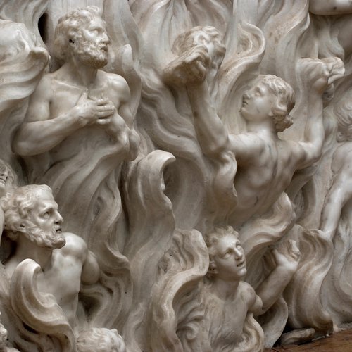 G. Torretti, Altare della Madonna del Carmelo, particolare del basamento con le anime del Purgatorio, marmo, sec. XVIII