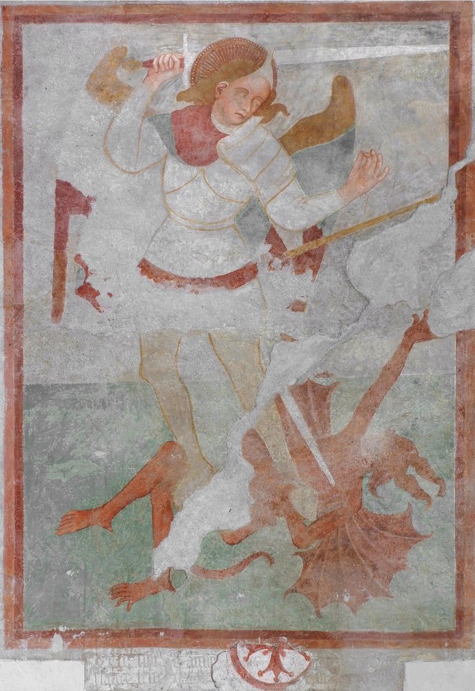 Duomo di Spilimbergo, cappella di San Michele, affresco con l'Arcangelo Michele vittorioso sul demonio, inizio XV sec.