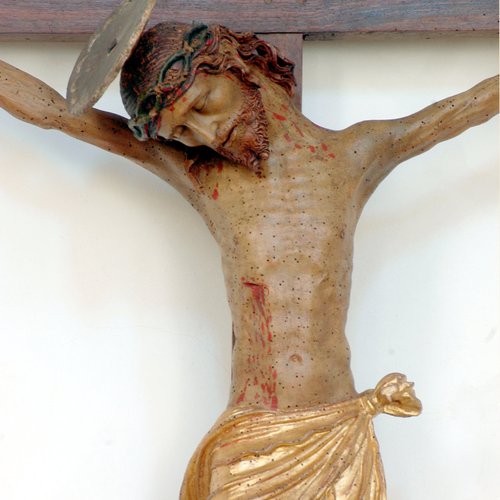 Chiesa di San Giacomo, Altare del Crocifisso, Crocifisso ligneo e policromo, fine '500 - inizio '600, particolare,  Polcenigo