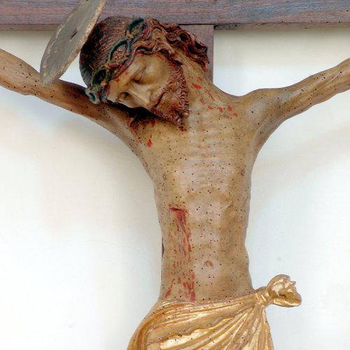 Chiesa di San Giacomo, Altare del Crocifisso, Crocifisso ligneo e policromo, fine '500 - inizio '600, particolare,  Polcenigo