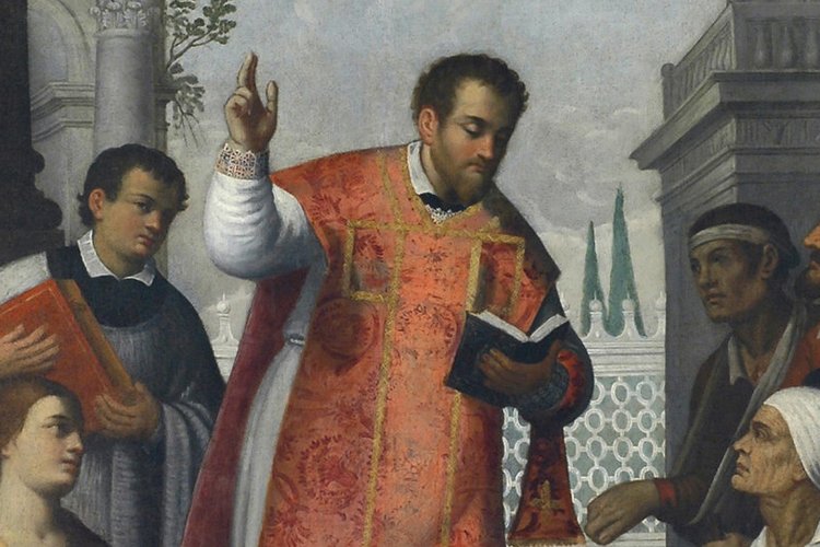 Eugenio Pini, San Valentino benedice gli infermi, pieve di San Lorenzo in Monte di Buja