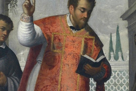 Eugenio Pini, San Valentino benedice gli infermi, pieve di San Lorenzo in Monte di Buja