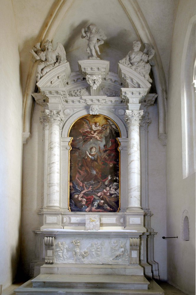 Cappella dei Santi Giacomo Apostolo e Cristoforo, pala di Bartolomeo Ferrari, Santi Giacomo Maggiore e Cristoforo con la Vergine, 1667
