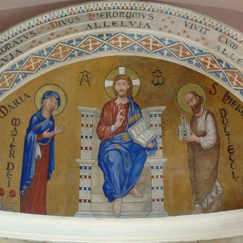 affresco absidale raffigurante il Redentore con la Madonna e san Girolamo, Luciano Michelutti, chiesa di San Girolamo, Cervignano