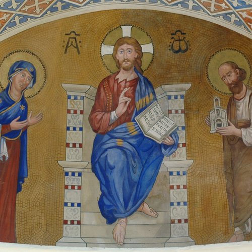 affresco absidale raffigurante il Redentore con la Madonna e san Girolamo, Luciano Michelutti, chiesa di San Girolamo, Cervignano