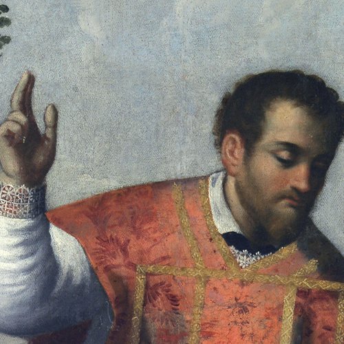 Eugenio Pini, San Valentino benedice gli infermi, particolare, pieve di San Lorenzo in Monte di Buja