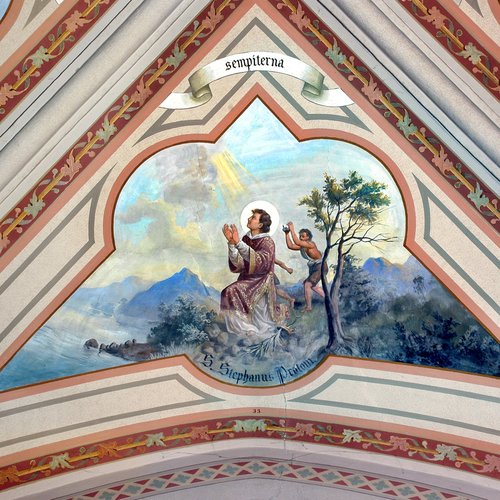 Chiesa parrocchiale di San Giorgio, volta del presbiterio, Santo Stefano, Francesco Barazzutti, 1898, San Giorgio della Richinvelda