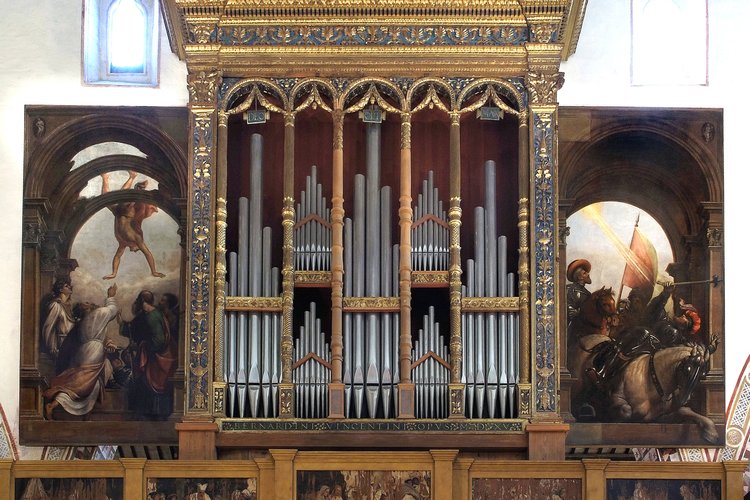 Duomo di Spilimbergo, Venturino da Venezia, cassone dell'organo, 1515; Giovanni Antonio de Sacchis detto "il Pordenone", predelle della cantoria, 1525