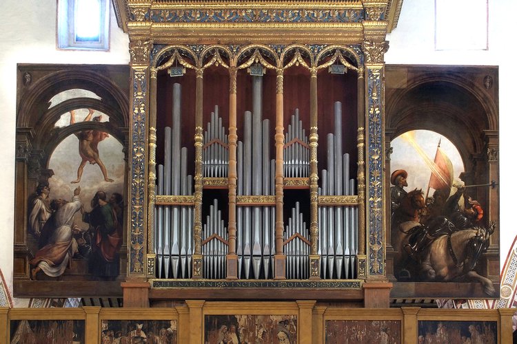 Duomo di Spilimbergo, Venturino da Venezia, cassone dell'organo, 1515; Giovanni Antonio de Sacchis detto "il Pordenone", predelle della cantoria, 1525