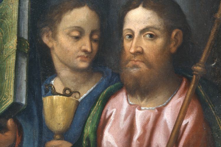 Pieve di Sant'Andrea, prima nicchia di sinistra, Giorgio Onesti, pala di Sant'Andrea, particolare, 1615, Pozzuolo