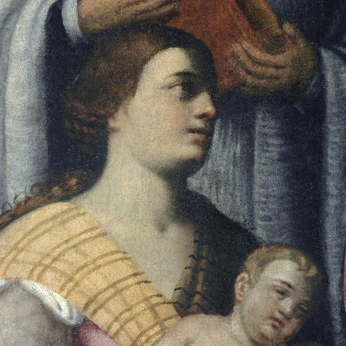 Eugenio Pini, San Valentino benedice gli infermi, particolare, pieve di San Lorenzo in Monte di Buja