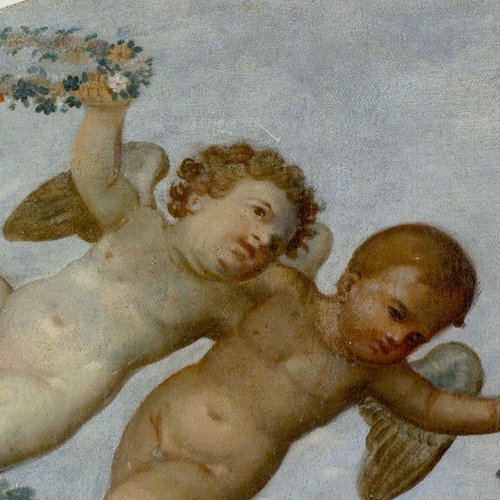 Eugenio Pini, San Valentino benedice gli infermi, particolare, pieve di San Lorenzo in Monte di Buja