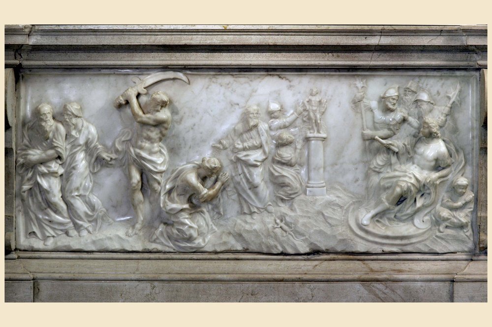 Cappella di Santa Caterina di Alessandria, paliotto di Francesco Cabianca, Scene del martirio di santa Caterina, 1695 ca