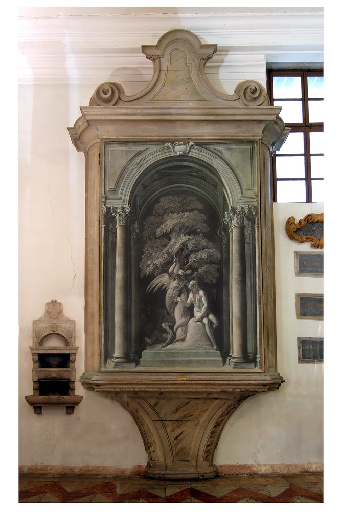 F. Fontebasso, La tentazione di Eva da parte del Serpente, dipinto su anta di armadio pensile, sec. XVIII