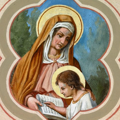 Chiesa parrocchiale di San Giorgio, arco di accesso all'abside, Educazione della Vergine, Francesco Barazzutti, 1898, San Giorgio della Richinvelda