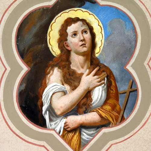 Chiesa parrocchiale di San Giorgio, arco di accesso all'abside, Maddalena Penitente, Francesco Barazzutti, 1898, San Giorgio della Richinvelda