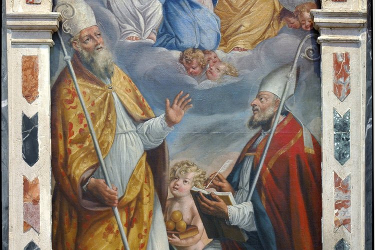 Altare di san Nicolò di Bari, Guseppe Buzzi, l'incoronazione della Vergine tra i santi Nicolò e Agostino, pieve di San Lorenzo in Monte di Buja