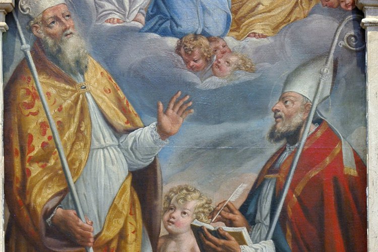 Altare di san Nicolò di Bari, Guseppe Buzzi, l'incoronazione della Vergine tra i santi Nicolò e Agostino, pieve di San Lorenzo in Monte di Buja