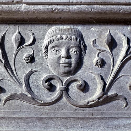 Chiesa di San Lorenzo martire di Talmassons, Bernardino da Bissone, altare di San Luigi Gonzaga, inizi XVI sec, particolare di un cherubino