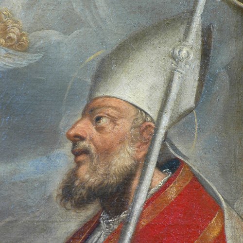 Altare di san Nicolò di Bari, Guseppe Buzzi, l'incoronazione della Vergine tra i santi Nicolò e Agostino, particolare, pieve di San Lorenzo in Monte di Buja