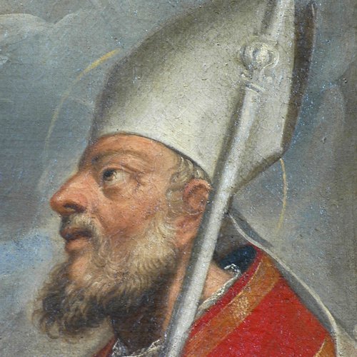 Altare di san Nicolò di Bari, Guseppe Buzzi, l'incoronazione della Vergine tra i santi Nicolò e Agostino, particolare, pieve di San Lorenzo in Monte di Buja