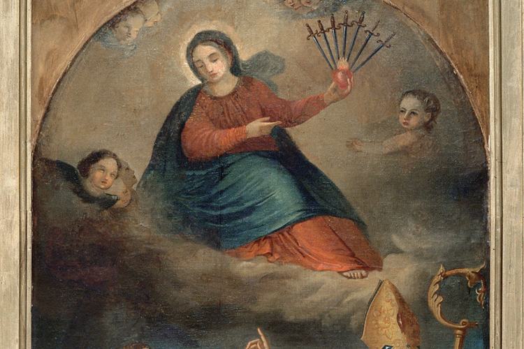 Pieve di Sant'Andrea, parete sinistra del presbiterio, pala dell'antico altare di San Valentino, Addolorata, Pozzuolo