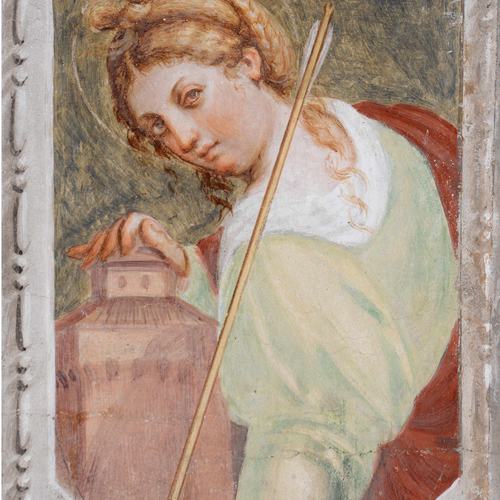 Chiesa di Santa Maria Maggiore, sottarco dell'arcone presbiteriale, Santa Barbara, Pomponio Amalteo, 1533-1546, Lestans