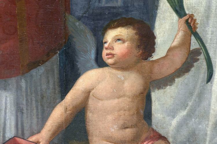 Pieve di Sant'Andrea, parete sinistra del presbiterio, pala dell'antico altare di San Valentino, Addolorata, particolare, Pozzuolo