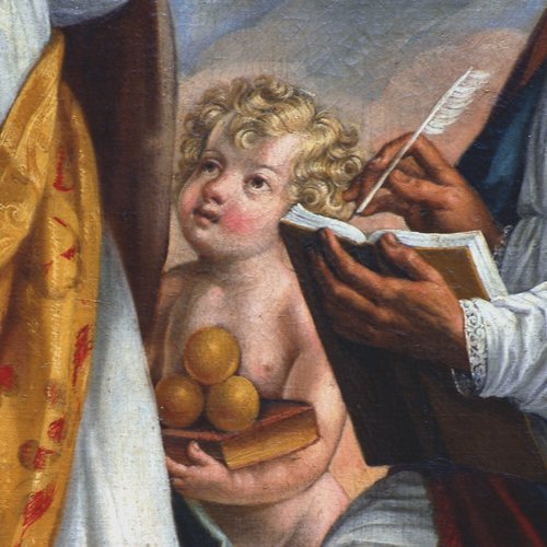 Altare di san Nicolò di Bari, Guseppe Buzzi, l'incoronazione della Vergine tra i santi Nicolò e Agostino, particolare, pieve di San Lorenzo in Monte di Buja