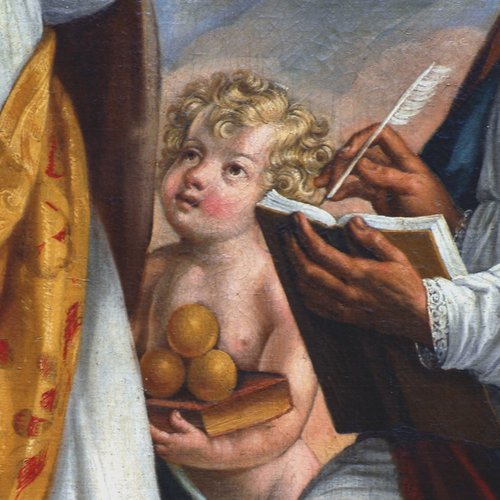 Altare di san Nicolò di Bari, Guseppe Buzzi, l'incoronazione della Vergine tra i santi Nicolò e Agostino, particolare, pieve di San Lorenzo in Monte di Buja