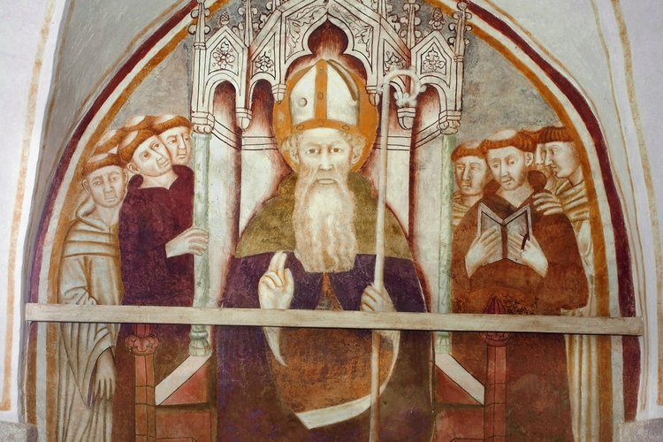 Duomo di Spilimbergo, cripta, Sant'Agostino con i monaci, sec. XV