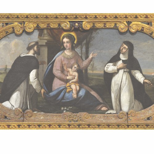 G. Saidero, Altare della Madonna del Rosario, 1641, legno dorato e dipinto, paliotto raffigurante la Madonna del Rosario tra san Domenico e santa Rita.
