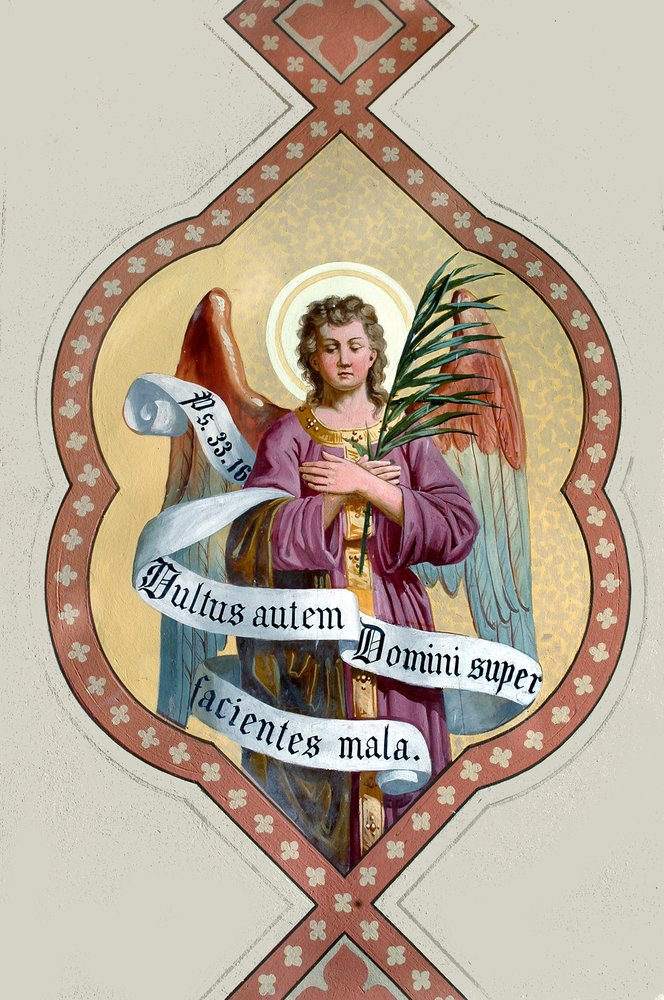 Chiesa parrocchiale di San Giorgio, angelo con cartiglio, Francesco Barazzutti, 1898, San Giorgio della Richinvelda