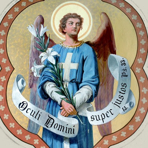 Chiesa parrocchiale di San Giorgio, angelo con cartiglio, Francesco Barazzutti, 1898, San Giorgio della Richinvelda