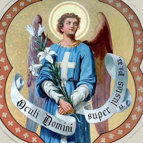 Chiesa parrocchiale di San Giorgio, angelo con cartiglio, Francesco Barazzutti, 1898, San Giorgio della Richinvelda